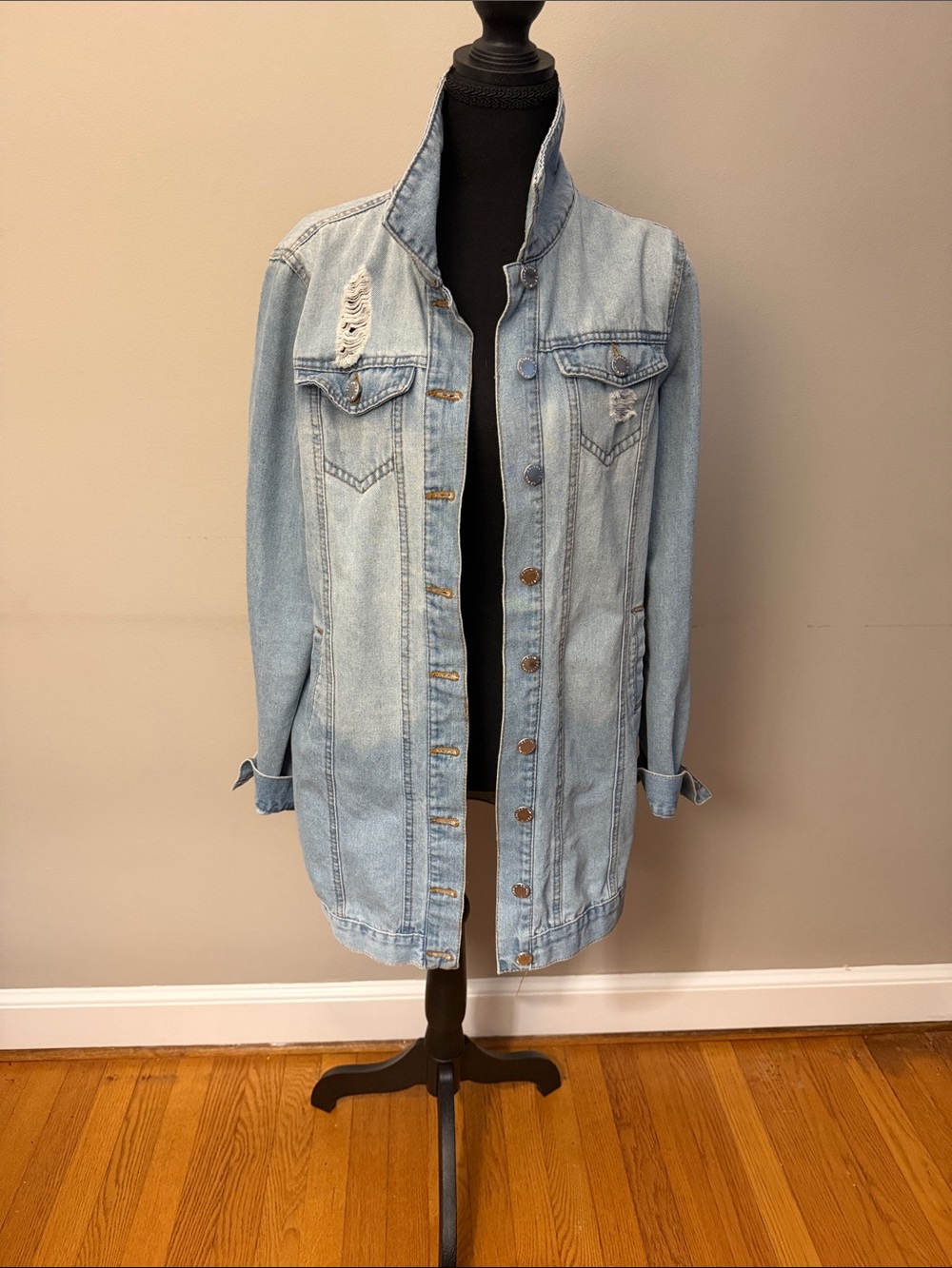 Cisono Longline Distressed Denim Jacket Light Wash Medium